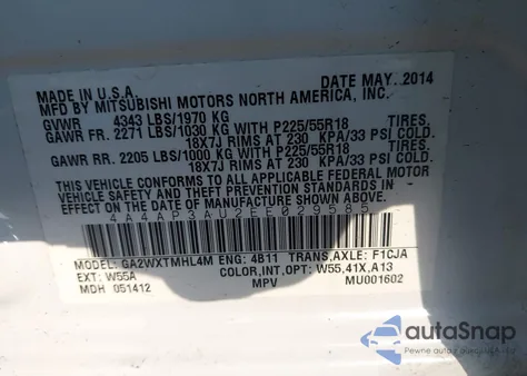 2014 Mitsubishi Outlander Sport Es from USA, damaged, VIN 4A4AP3AU2EE029585